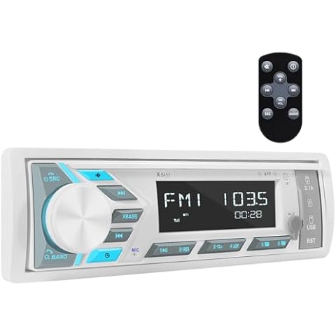 Single Din Marine Stereo Receiver: in Dash Bluetooth Boat Radio - Digital LCD Display Push to Talk Assistant AM FM MP3 SD Aux-in USB Charging 4.2-Channel Audio Output for Marine Vehicle Watercraft Cover