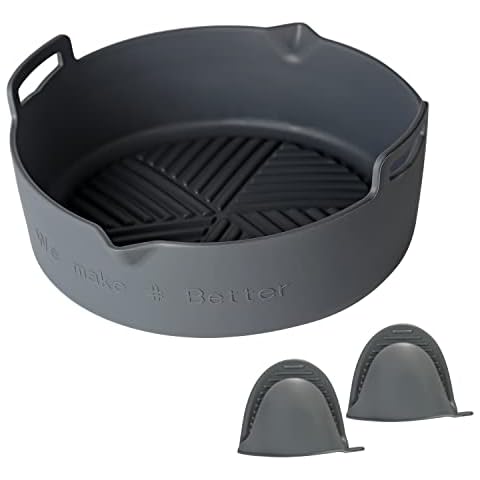 Air Fryer Silicone Liners, Easy Cleaning Air Fryer Insert, Replacement of Parchment Paper Liners, Food-Grade Reusable Air Fryer Pot for 5.3 or Bigger, 8.68" Basket -Gray Cover