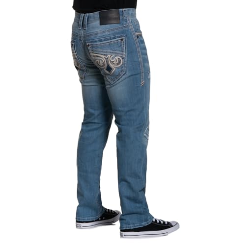 Affliction Men's Distressed Denim Jeans, Light Blue Wash, Straight Leg, Decorative Back Pockets, Ripped Design4