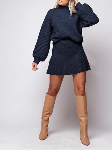 Zwurew Women's 2 Piece Outfits Long Sleeve Mock Neck Ribbed Sweaters and Mini Skirt 2025 Two Piece Sets2