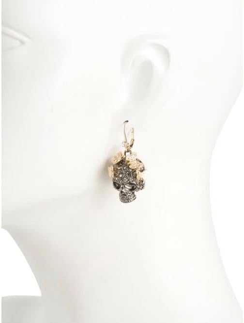 Betsey Johnson Skull Dangle Earrings, Gold Tone and Gunmetal with Crystal Rhinestones, Butterfly Design, Leverback Closure