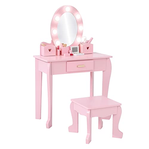 Bophy Girls' Vanity Table And Chair Set, Kids Makeup Dressing Table With Lights & Wood Makeup Playset, Kids Vanity Set With Mirror & Drawer For Age 4-9, Pink (Stm-101Pa) #TOP1
