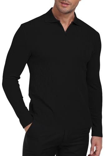 AIYINO Black Polo Shirt Muscle Slim Fit Men's Polos Shirts Winter Ribbed Long Sleeve T-Shirt Casual 1/4 Zip Tshirt Sweater Black M