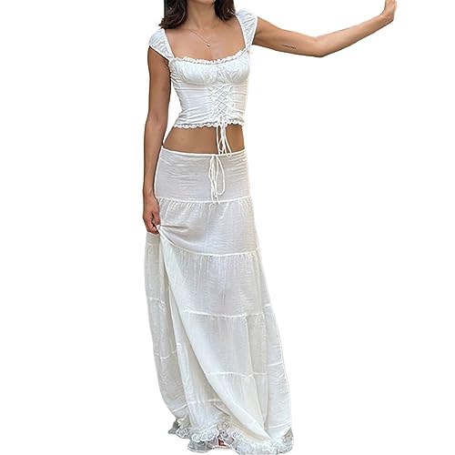 Women´s Long Skirts Lace Hem Tie-Up Low Waist Skirts Spring Summer Fashion Casual Skirts2