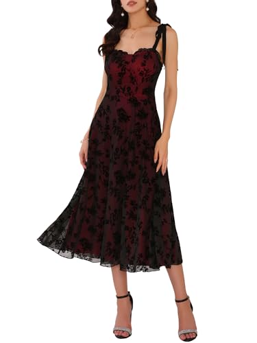 WOMLAYOUT Damen Elegant Blumen Kleid Spaghettiträger Netzstoff Gothic Ärmelloses in A-Linie Cocktailkleid Schwarz M