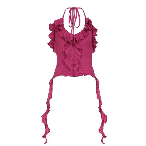 Women Crop Halter Cami Top Irregular Ruffle Edge Deep V Neck Halter Cami Top Sexy Solid Color Backless Tank Shirt4