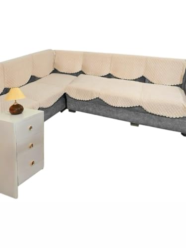 Image of L Shape 7 Seater Velvet Sectional Sofa Cover, Quilted with Fringe Detail, L-Shaped Couch Protector-Pack of 14 (Cream)