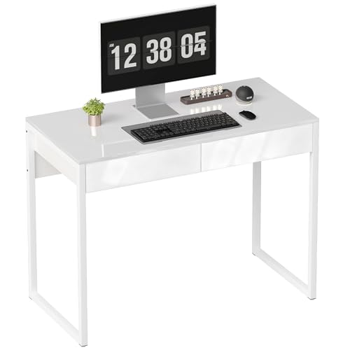 HOMCOM Scrivania Salvaspazio 100x50 cm con 2 Cassetti, Tavolo Computer Moderno con Gambe in Acciaio e Piedini Regolabili per Ufficio, Studio, Soggiorno e Camera da Letto, Bianco Lucido