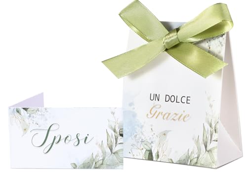 50 pz Scatoline Bomboniere Scatole Portaconfetti Promessa Matrimonio con 50 Bigliettini Matrimonio Bigliettini Sposi Bomboniera Nozze Matrimonio Verde con Nastro Decorazione della tavola per matrimoni