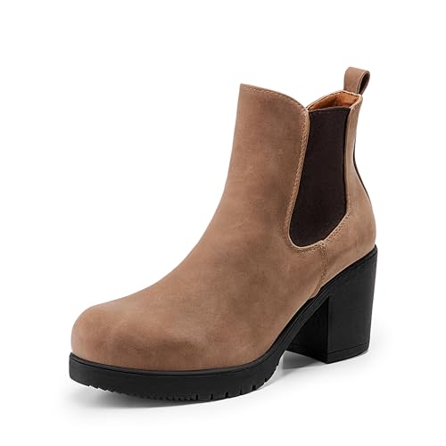 DREAM PAIRS Women's High Chunky Heel Chelsea Ankle Boots Slip On Elastic Fall Heeled Booties Shoes,Size 9.5,Camel/Pu,FRE