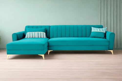 Image of Adorn India Premium Luster 8 Seater L Shape Sofa Set with 2 Puffy & 1 Center Table | Velvet Suede Fabric | 3-Year Warranty | LHS | Aqua Blue with Golden Legs & Striped Pattern Cushion