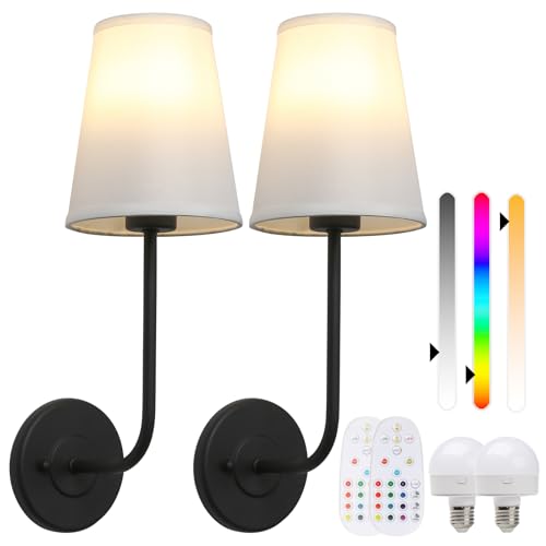 Buyee Set of 2 Rechargeable Battery Operated Wall Sconces Wireless Wall Lamp RGB Color Changing Dimmable Light White Fabric Shade Fixture with Remote Control Bulbs for Bedroom Living Room (Black)