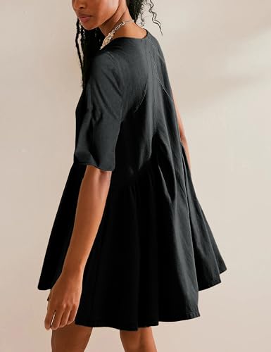 Womens Summer Mini Dress Casual Short Sleeve Loose V Neck Swing Sundress with Pocket2