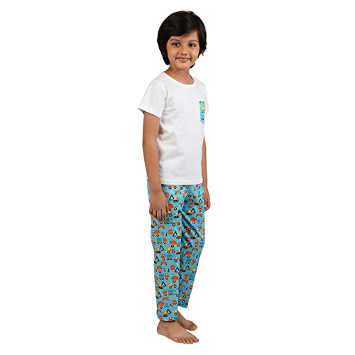 Image of Frangipani Cotton, Regular Fit, Tee & Bottom Construction CampusPrint Night Suit Pyjama Set for Kids
