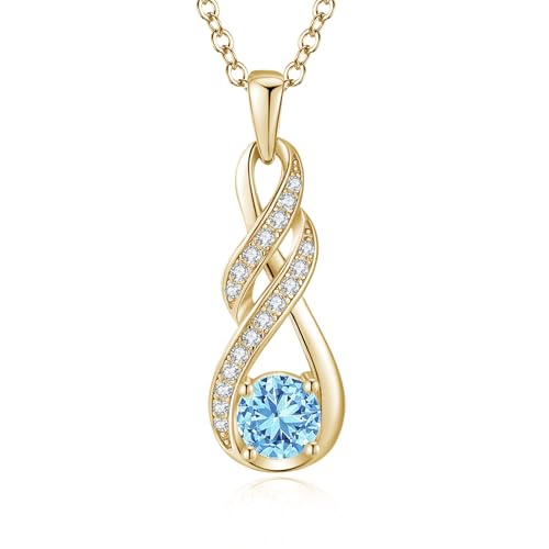 LOCIBLO March Birthstone Necklaces for Women 925 Sterling Silver Infinity Pendant 18K Gold Plated Blue Created Aquamarine Necklace Jewellery for Her 16+2