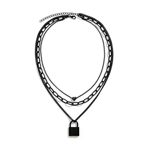 Caiyao Stacked Necklaces for Women Black Lock Chains Heart Grunge Layered Necklace Aesthetic Pendant Multilayer Choker