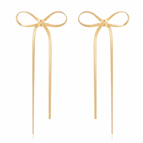 Gold Silver Bow Drop Earrings for Women Long Tassel Chain Bow Earrings Ribbon Bowknot Dangle Earrings Jewelry Gifts