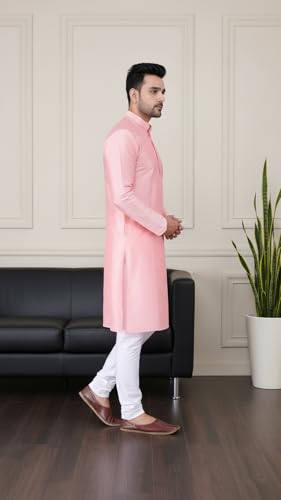 Image of Sadree Men's Silk Blend Mandrin Collor Full Sleeve Knee Length Indian Kurta Chudidar Pyjama Set