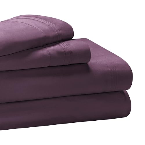 Superior Egyptian Cotton 4 Piece Sheet Set, 650 Thread Count, Modern Design, Sustainable Sheets, Ultra-Soft Basics, Solid, Deep Pocket Fitted Sheet, Flat Sheet, Pillowcases, Queen, Plum