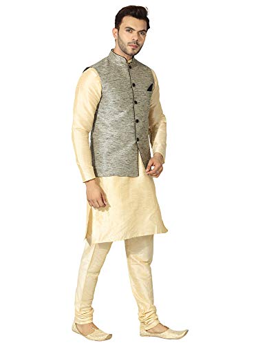 Image of Uri and MacKenzie Men's Silk Blend Regular Kurta Churidar Pyjama with Bundi Nehru Jacket /Waistcoat