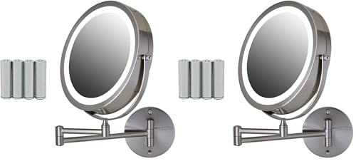 Image of OVENTE 8.6 inch Lighted Wall Mount Makeup Mirror, 1X & 7X Magnifier, Adjustable Double Sided Round LED, Extend, Retractable & Folding Arm, Compact & Cordless, Battery Powered Nickel Brushed MFW85BR1X7X