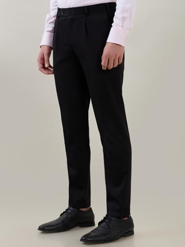 Image of Raymond Men Super Slim Fit Solid Pattern Terry Rayon Blend One Pleat Formal Trouser Black