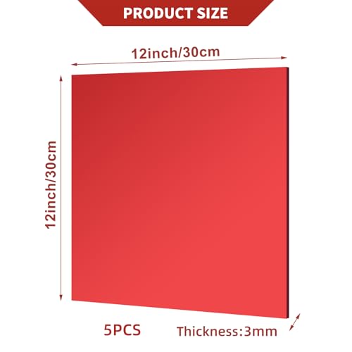 Image of 5 Pcs 12 x12 Inch Red Acrylic Mirror Sheet, 1 /8 Inch Thick Opaque Glossy Mirror, Plexiglass Mirror Sheets with Protective Film, Rigid Mirror Acrylic Sheets for Sawing, DIY, Laser Cutting and Engraving