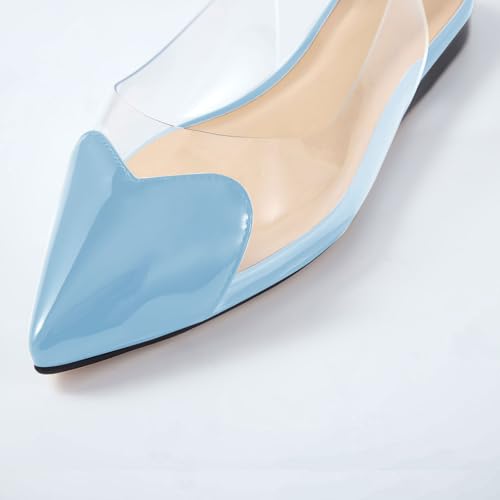 Wrynthevia VogueVent Women's Fashion Pointed Toe Heart Transparent PVC Slingback Flat Shoes Comfort Slip On Cap Toe Clear Ballet Flats Work Wedding Dress Flat Shoes for Women Light Blue Size 93