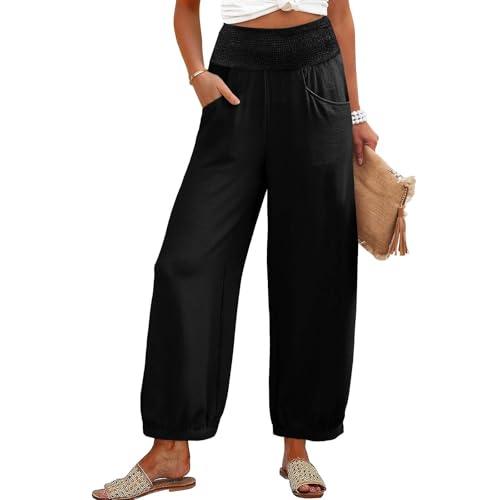 Linen Pants Women Smocked Elastic Waist Casual Summer Palazzo Pants Boho Baggy Wide Leg Trousers with Pockets