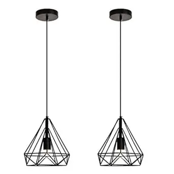 JACKAL Diamond Cluster Pendant Light- Pack Of 2 | Hanging Ceiling Light With Braided Cord | Decorative Chandelier| Jhumar Lighting (Black)(Metal)