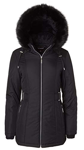 Women's Midlength Down Alternative Puffer Coat Fur Trim Plush Lined Detachable Hood - Black (Large)