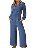 Dokotoo Womens Plus Size Jumpsuits for Women Sail Blue Casual Overalls Loose Casual Wide Leg Crew Neck One Piece Dressy Long Sleeve Jumpsuit Solid Rompers 2025 Outfits with Pockets X-Large