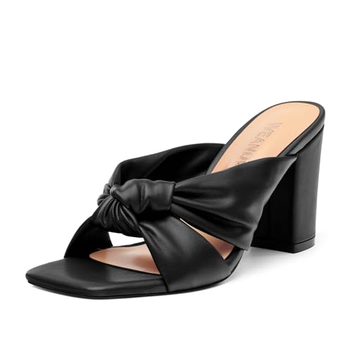 Women's High Heeled Square Toe Slip On Sandals, Puffy Knot Chunky Heel Open Toe Sandals for women, Summer Party Prom Shoes