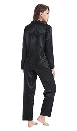 TONY & CANDICE Women's Classic Satin Pajama Set Sleepwear Loungewear (Large, Black) - Thumbnail 5