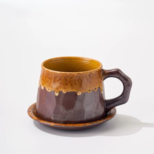 Alikexin 10oz Vintage Retro Handmade Ceramic Cappuccino Cup with Saucer –Small Rustic Stoneware tea cup and saucer, Lead-Free Latte Art Mug,Handmade mug with saucer set, Microwave safe, Brown