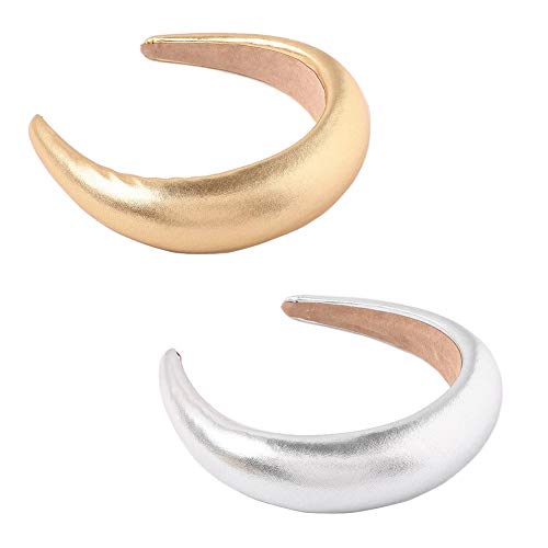 2PCS Women Girls Sparkle Faux Leather Sponge Headband Wide Brim Head Wrap Hairband Hair Hoop Loop Headwear Headpieces Hairdressing Accessories (Gold +Silver)
