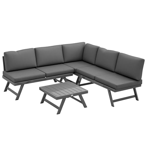 Outsunny Salon de Jardin extérieur d'angle et Convertible 4 pièces avec 2 banquettes, 1 Fauteuil d'angle et 1 Table Basse, Aluminium et Acier mobilier de Jardin pour...