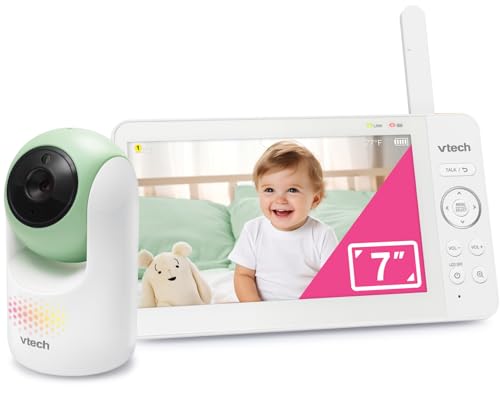 Image of VTech Baby Monitor No WiFi, 7 inch IPS Screen, 5000mAh 12Hr Battery, 360 Pan Tilt Zoom, Night Vision, Multi-Color Night Light, 2-Way Talk| Advanced Max Green
