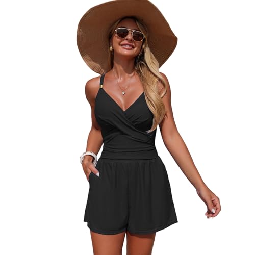 Maillot de bain une pièce col en V athlétique et short plissé avec poche pour femme