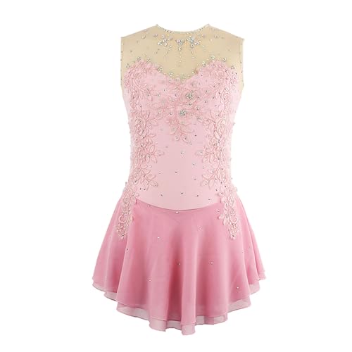 MANYUBEI Women's Sleeveless Figure Ice Skating Dress, Girl's Shiny Rhinestone Ballet Leotard Dance Skirt Adults Children Gymnastics Tutu Dress Performance Competition,S, Light Pink