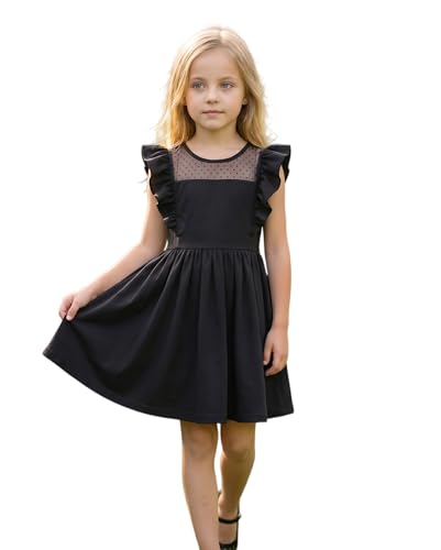 Noubeau Girls Ruffle Dress for Teens Party Casual Mesh A Line Dresses for Big Girls Summer Graduation Outfits (US Age 7 Years 8 Years Black)