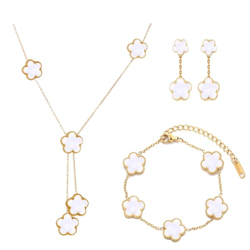XFSRG Conjunto de Joyas De TréBol Cuatro Hojas, Chapado en Oro 18 Quilates, Collar Trébol Pendientes, Pulsera, Joyería Moda Para Inoxidable Delicado Juego Regalos(Blanco)