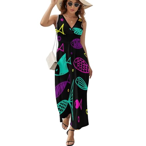Robe Longue d'Été Col V au Style Unique | Robe Maxi sans Manches à Imprimé Artistique Poisson Couleur