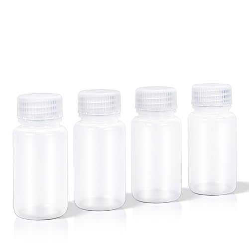 DEMORA 2 oz Small Plastic Bottles with Caps Airtight Refillable Wide Mouth Travel Bottles for Toiletries PP Food Grade Plastic Containers for Liquids Pill Sample Lab Reagent (Clear 4 Pcs)