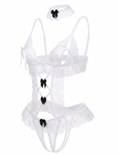 Avidlove Womens Lace Teddy Bodysuit Lingerie Set with Choker V Neck White S - image 2