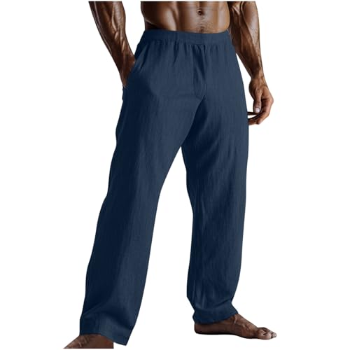 Men 2025 Cotton Linen Pants Men Casual Loose Fit Elastic Waist Summer Beach Vacation Pants Wide Leg Dress Trousers