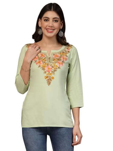 Image of QAZMI Women's Rayon Cotton Straight Keyhole Neck Three-Quarter Sleeves Israa Kashmiri Embriodered Short Kurti