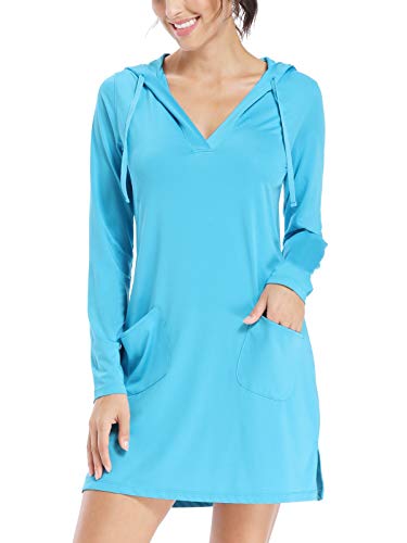 Willit Women's UPF 50+ Cover-Up Dress SPF Long Sleeve Shirt Dress Sun Protection Hiking Beach Blue XL