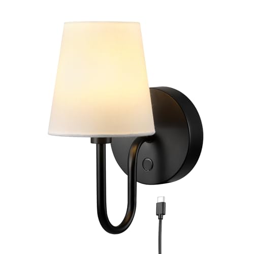 Globe Electric 65000132 Rechargeable Battery Wall Sconce, Integrated LED, Matte Black Finish, White Fabric Shade, 3-Step Touch Dimming, Timer, USB-C Charging, Wireless Modern Lighting