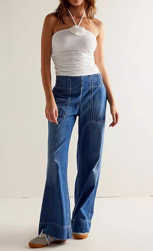 loveimgs Women Western Flare Wide Leg Jeans Denim Pants Mid Rise Elastic Waist Patchwork Cargo Jeans Sweatpants Pockets3